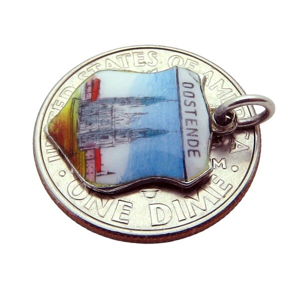 Vintage 800 Silver Oostende Belgium Saint Peter/Paul Church Enamel Shield Charm - Picture 2 of 3